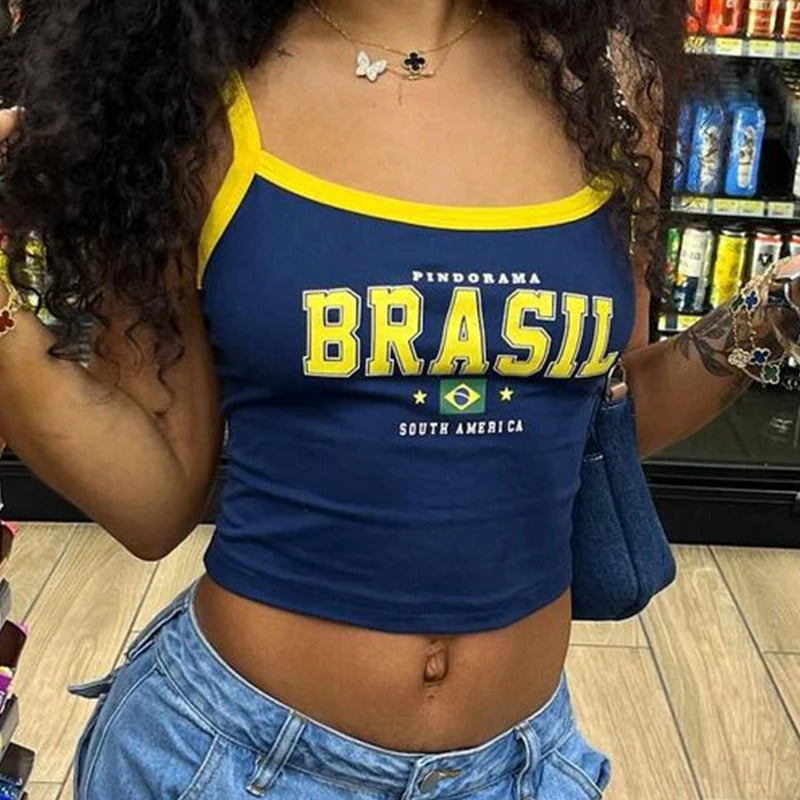 Gothic Vintage Aesthetic Brasil Print Camisole Tops Casual Slim Sexy Girl Fashion Women's Streetwear Harajuku Crop Top Camis