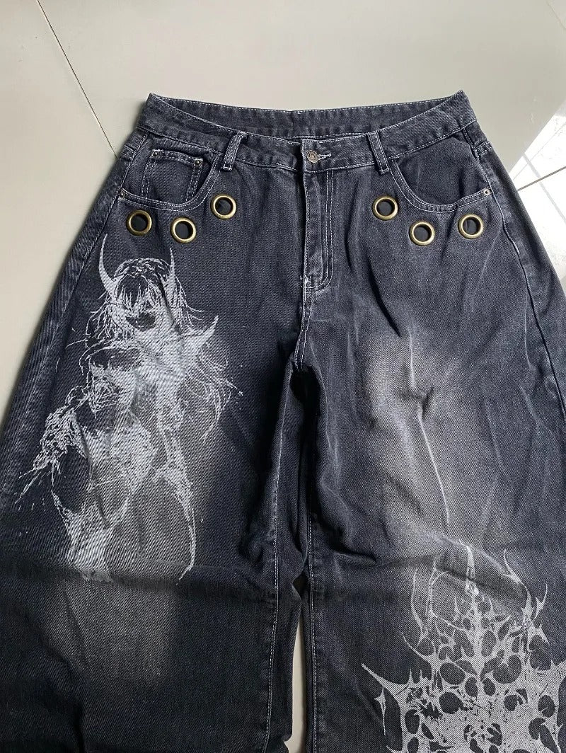 American New Fashion Oversized Pattern Printed Washed Jeans Men Gothic Rock Popular Casual Joker High Waist Wide Leg Pants