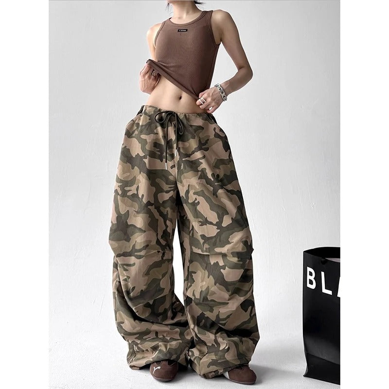 American Retro High Street Casual Overalls Camouflage Loose Wide Leg Pants For Women Hip-hop Cargo Grunge Baggy Trousers