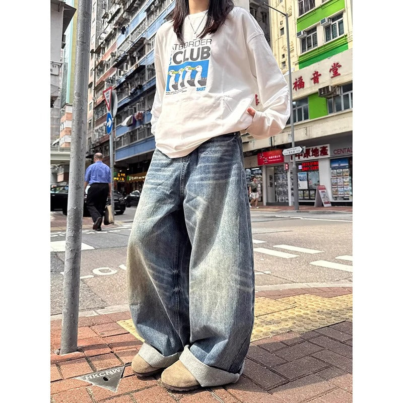 Women's Blue Oversize Jeans Harajuku Vintage Wide Leg Denim Trousers American Retro 2000s Style Boyfriend Jeans Pants Autumn