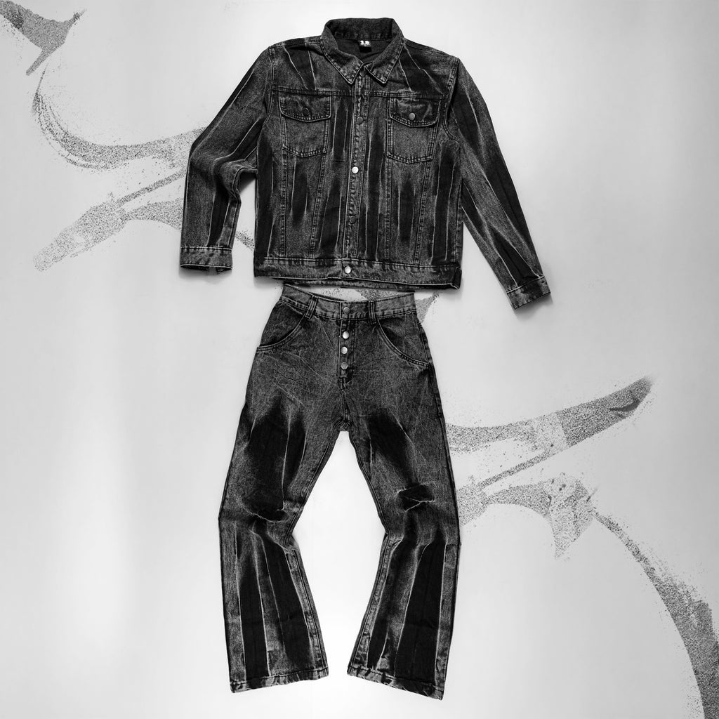 Black Growe Streetwear Set, All Black Denim Outfit, Chain Pants Look