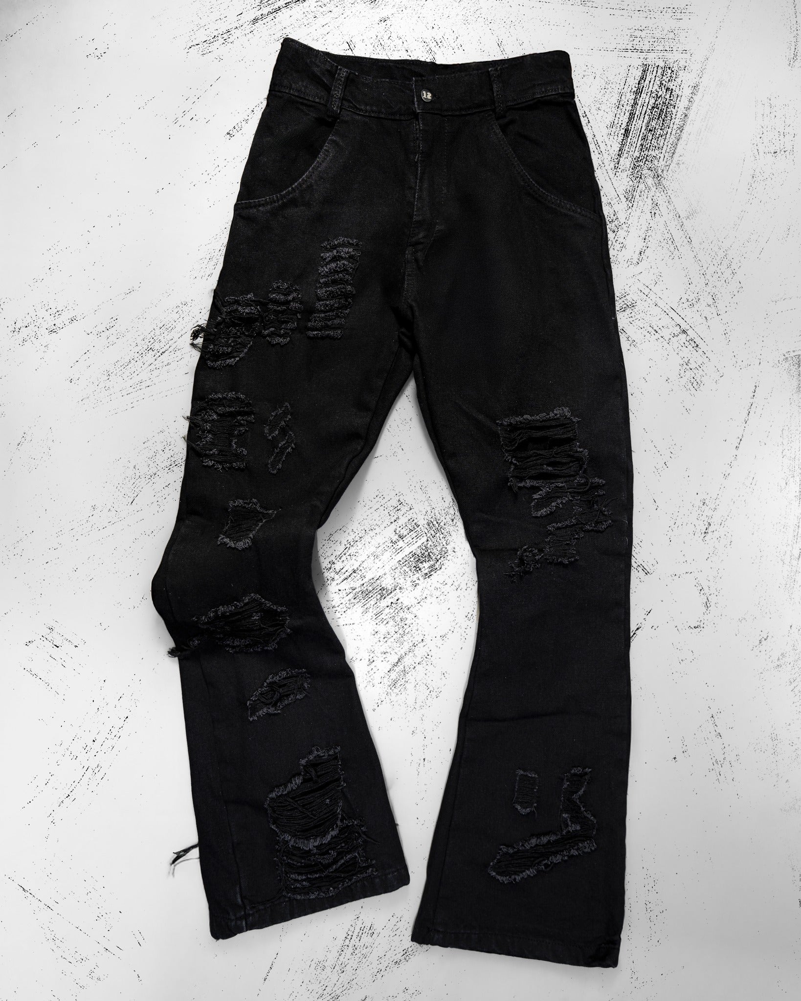 Men's Black Distressed Flared Jeans