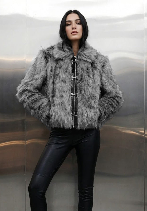 Gray Faux Fur Crop Jacket