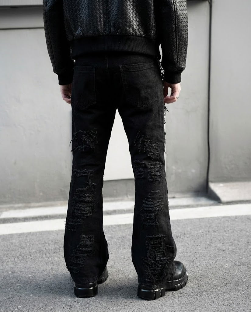 Men's Black Distressed Flared Jeans