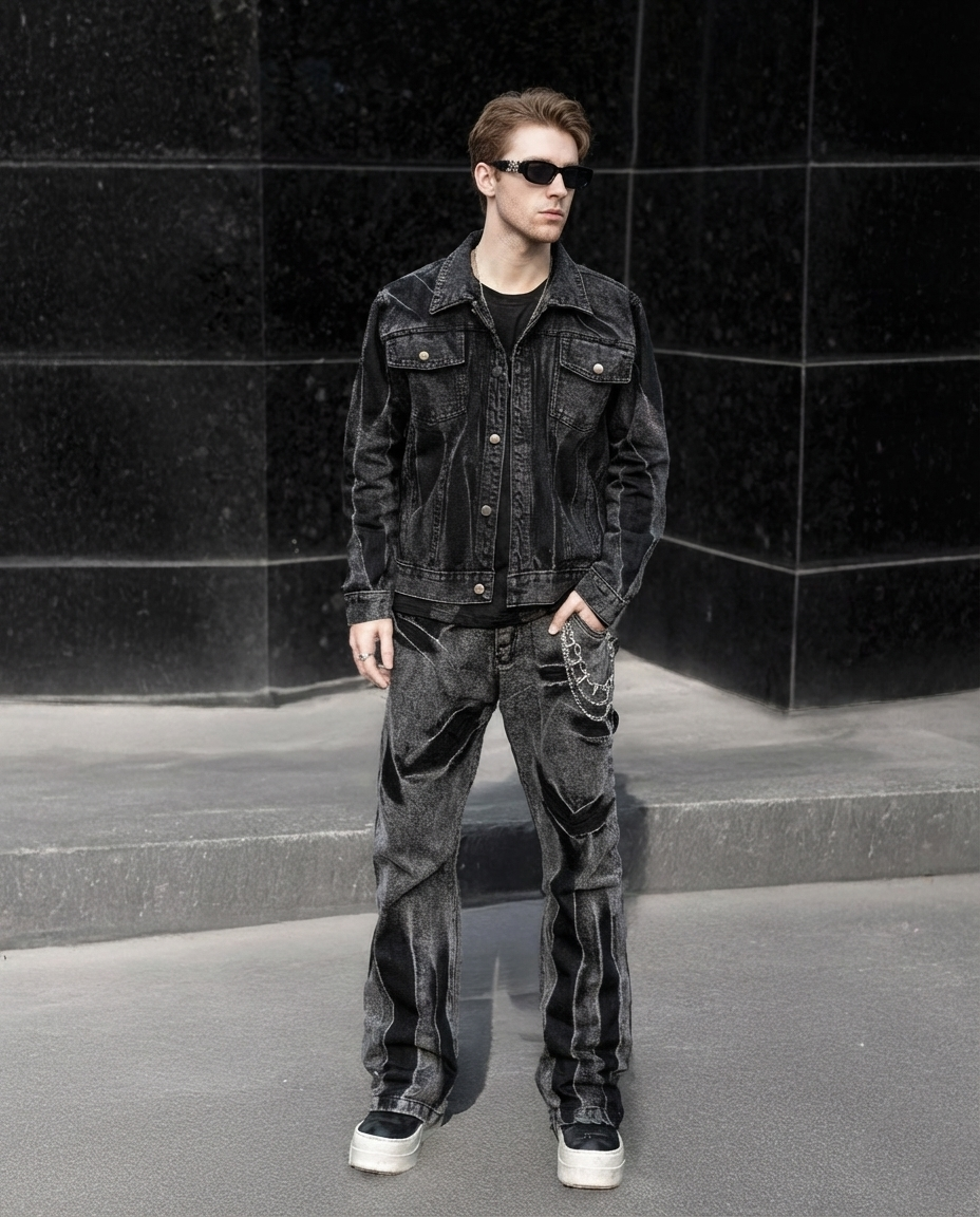 Black Growe Streetwear Set, All Black Denim Outfit, Chain Pants Look