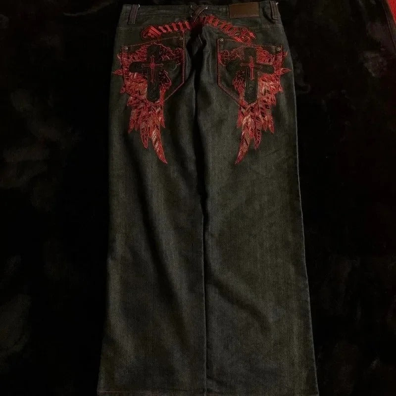High Street Gothic Embroidered Men Black Red Pattern High Waist Jeans American Retro Street Couple Casual Pants