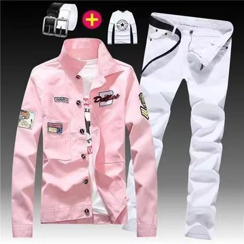 Men's Red Denim Jacket and Blue Jeans Set, Slim Fit Casual Streetwear Outfit with Patch Detail
