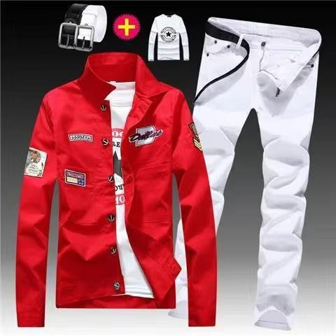 Men's Red Denim Jacket and Blue Jeans Set, Slim Fit Casual Streetwear Outfit with Patch Detail