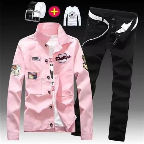 Men's Red Denim Jacket and Blue Jeans Set, Slim Fit Casual Streetwear Outfit with Patch Detail