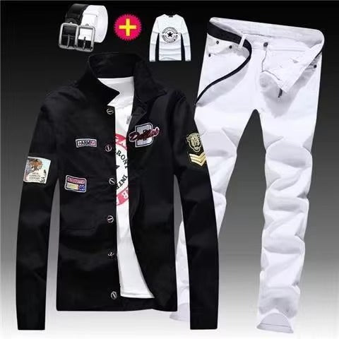 Men's Red Denim Jacket and Blue Jeans Set, Slim Fit Casual Streetwear Outfit with Patch Detail