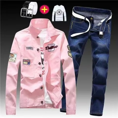 Men's Red Denim Jacket and Blue Jeans Set, Slim Fit Casual Streetwear Outfit with Patch Detail
