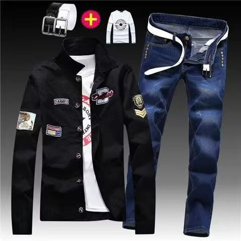 Men's Red Denim Jacket and Blue Jeans Set, Slim Fit Casual Streetwear Outfit with Patch Detail