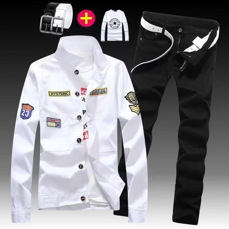 Men's White Denim Jacket with Black Slim Fit Jeans, Casual 2 Piece Streetwear Set with Patch Detail