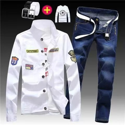 Men's White Denim Jacket with Black Slim Fit Jeans, Casual 2 Piece Streetwear Set with Patch Detail