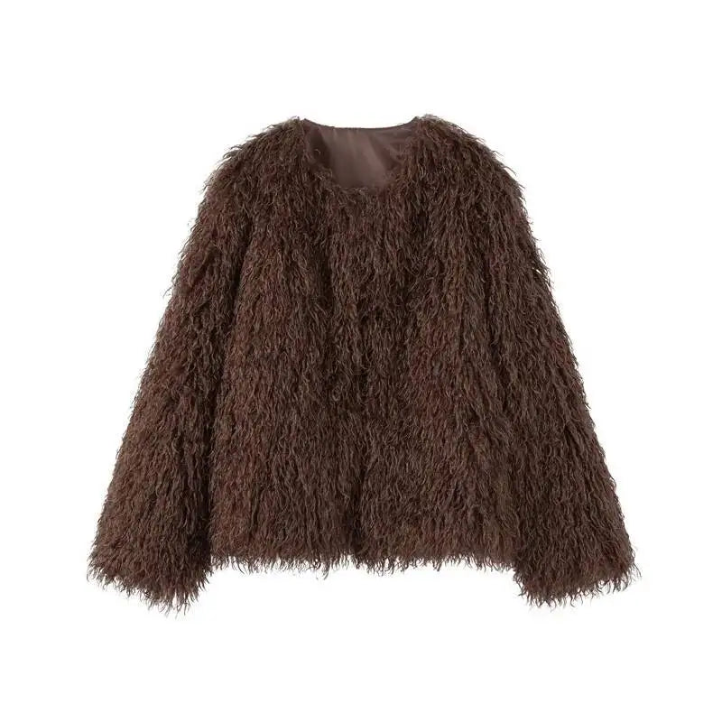 Brown shaggy faux fur cropped jacket laid flat, front view