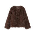 Brown shaggy faux fur cropped jacket laid flat, front view