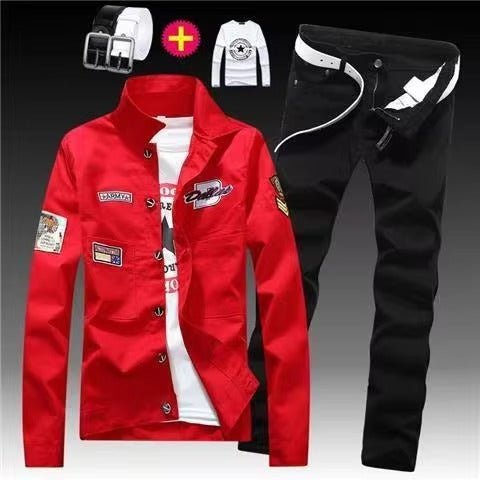 Men's Red Denim Jacket and Blue Jeans Set, Slim Fit Casual Streetwear Outfit with Patch Detail