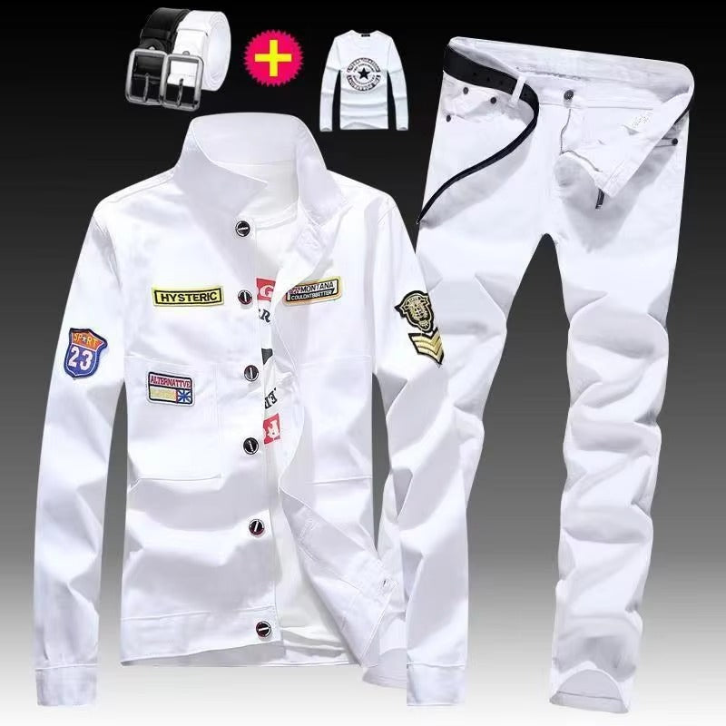 Men's White Denim Jacket with Black Slim Fit Jeans, Casual 2 Piece Streetwear Set with Patch Detail