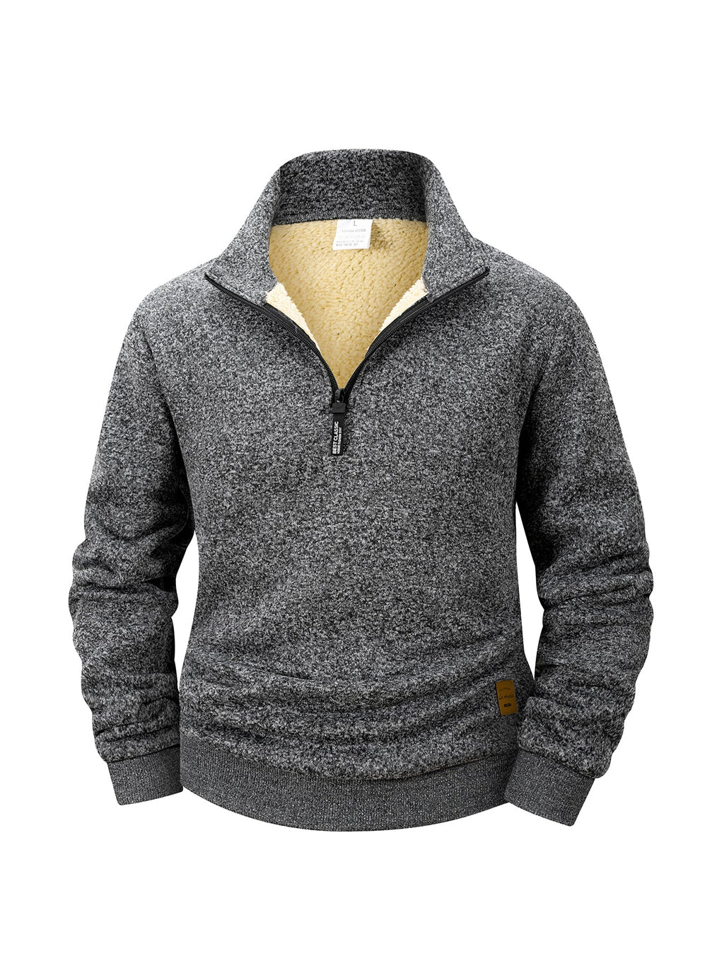 Heather charcoal quarter-zip fleece sweatshirt with sherpa-lined stand collar, front view