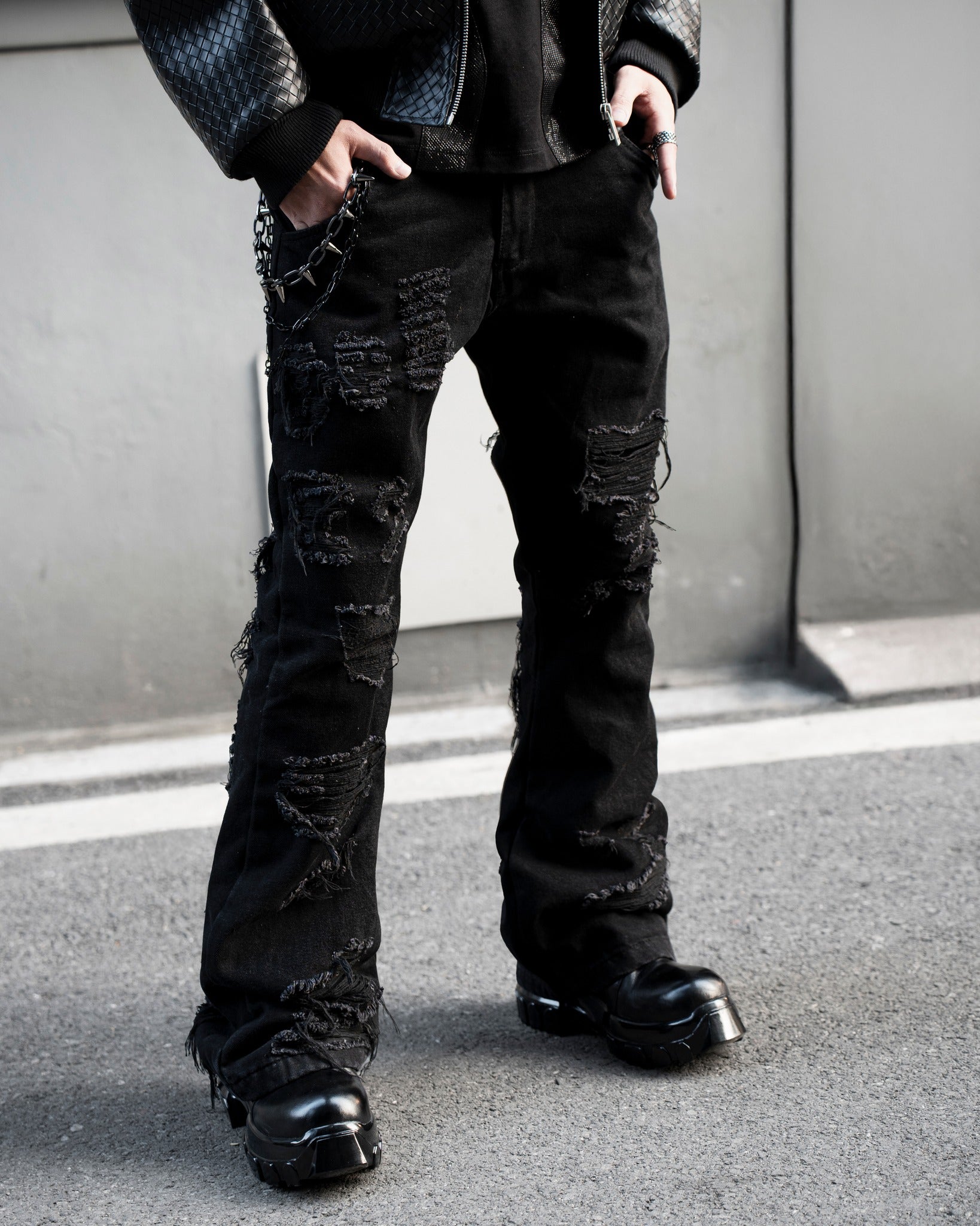 Men's Black Distressed Flared Jeans