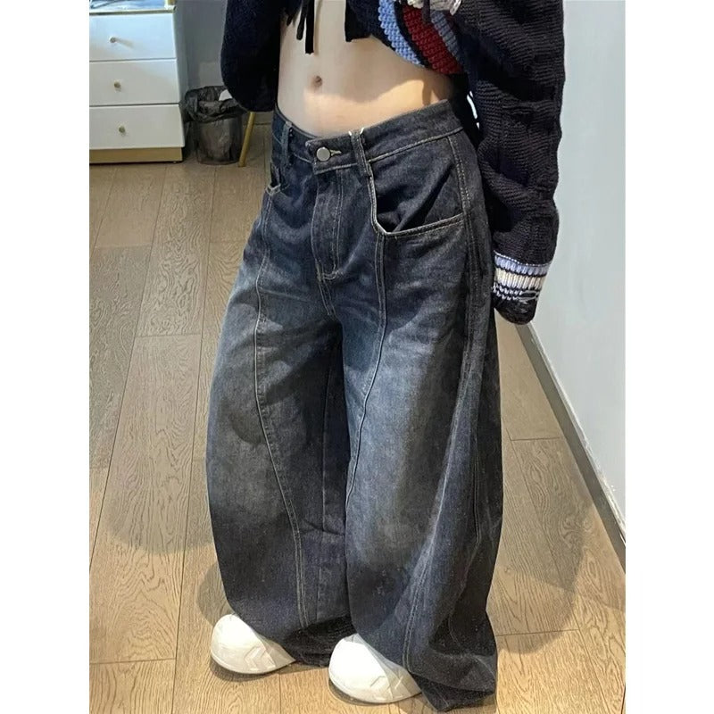 Black Womens Jeans High Waist Vintage Design Hip Hop Straight Baggy Denim Pants Street American Style Wide Leg Denim Trouser