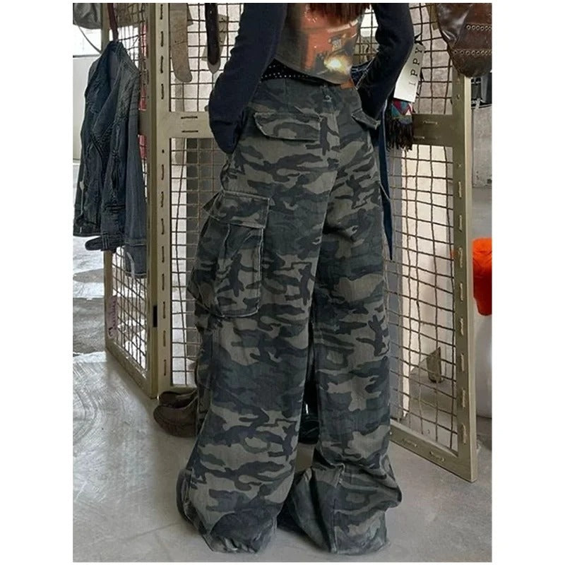 Military Green Womens Jeans High Waist Vintage Straight Baggy Denim Pants Hip Hop American Fashion Wide Leg Denim Trouser