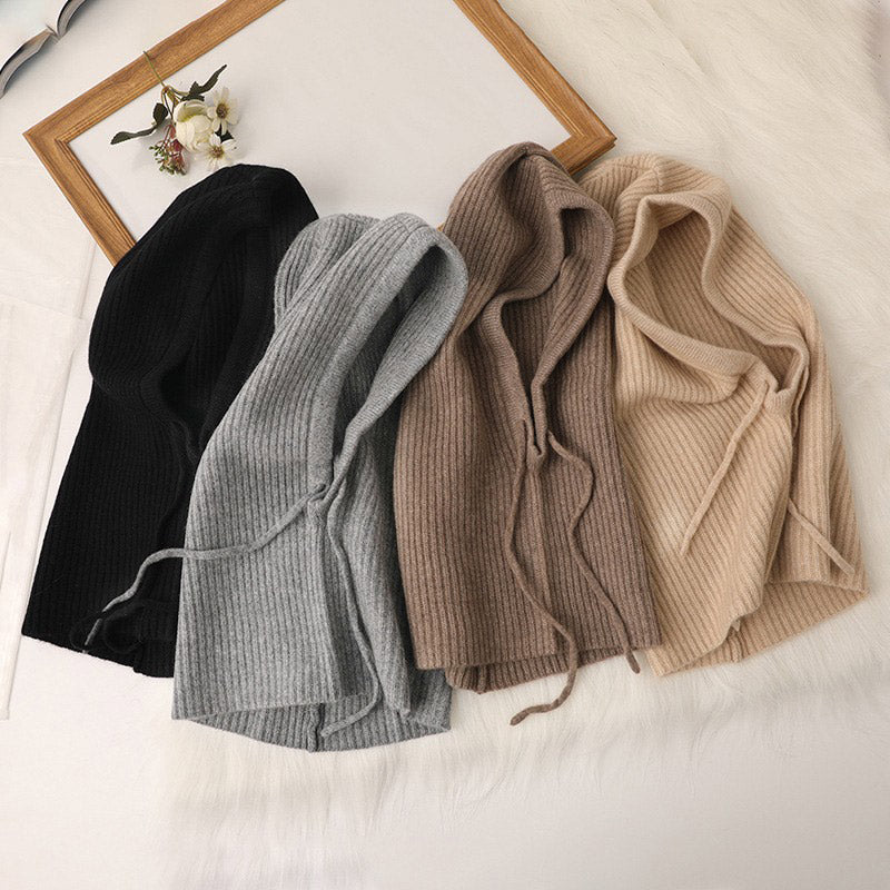 Ribbed knit drawstring balaclava laid flat in black, gray, mocha and beige