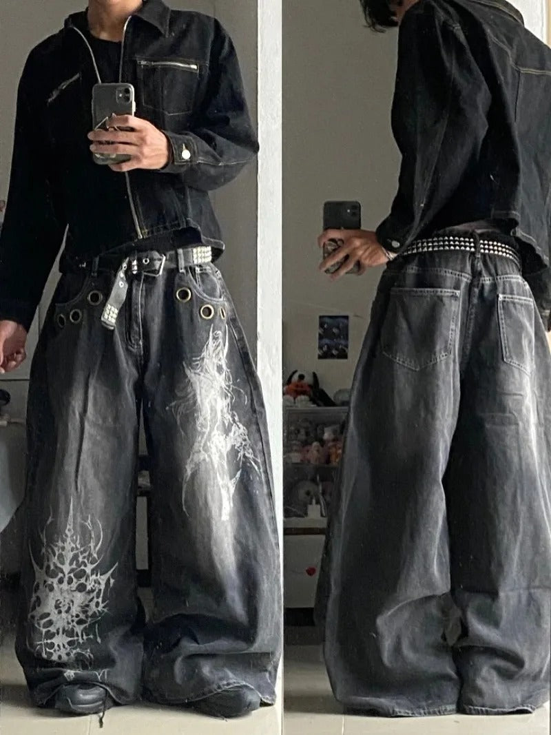 American New Fashion Oversized Pattern Printed Washed Jeans Men Gothic Rock Popular Casual Joker High Waist Wide Leg Pants