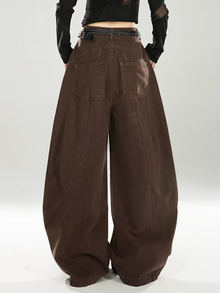 Chocolate brown barrel-leg jeans, back view with back pockets