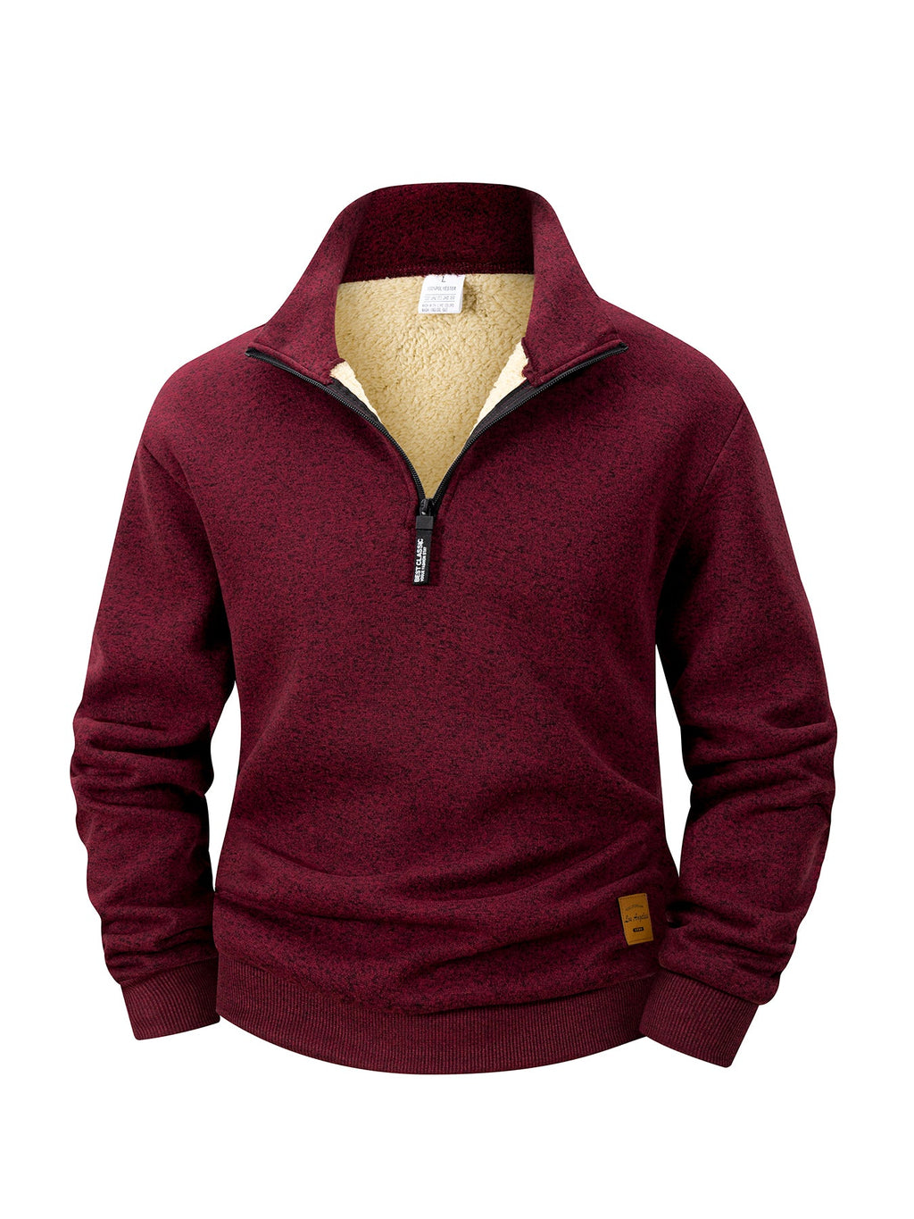 Heather burgundy quarter-zip fleece sweatshirt with sherpa lining at the collar, front view