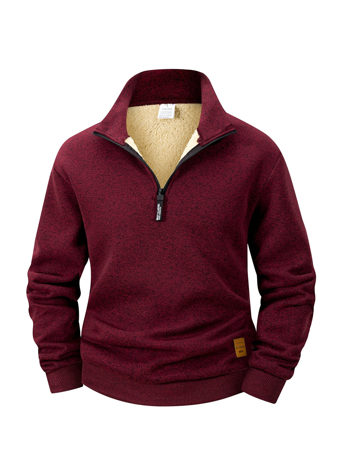 Heather burgundy quarter-zip fleece sweatshirt with sherpa lining at the collar, front view