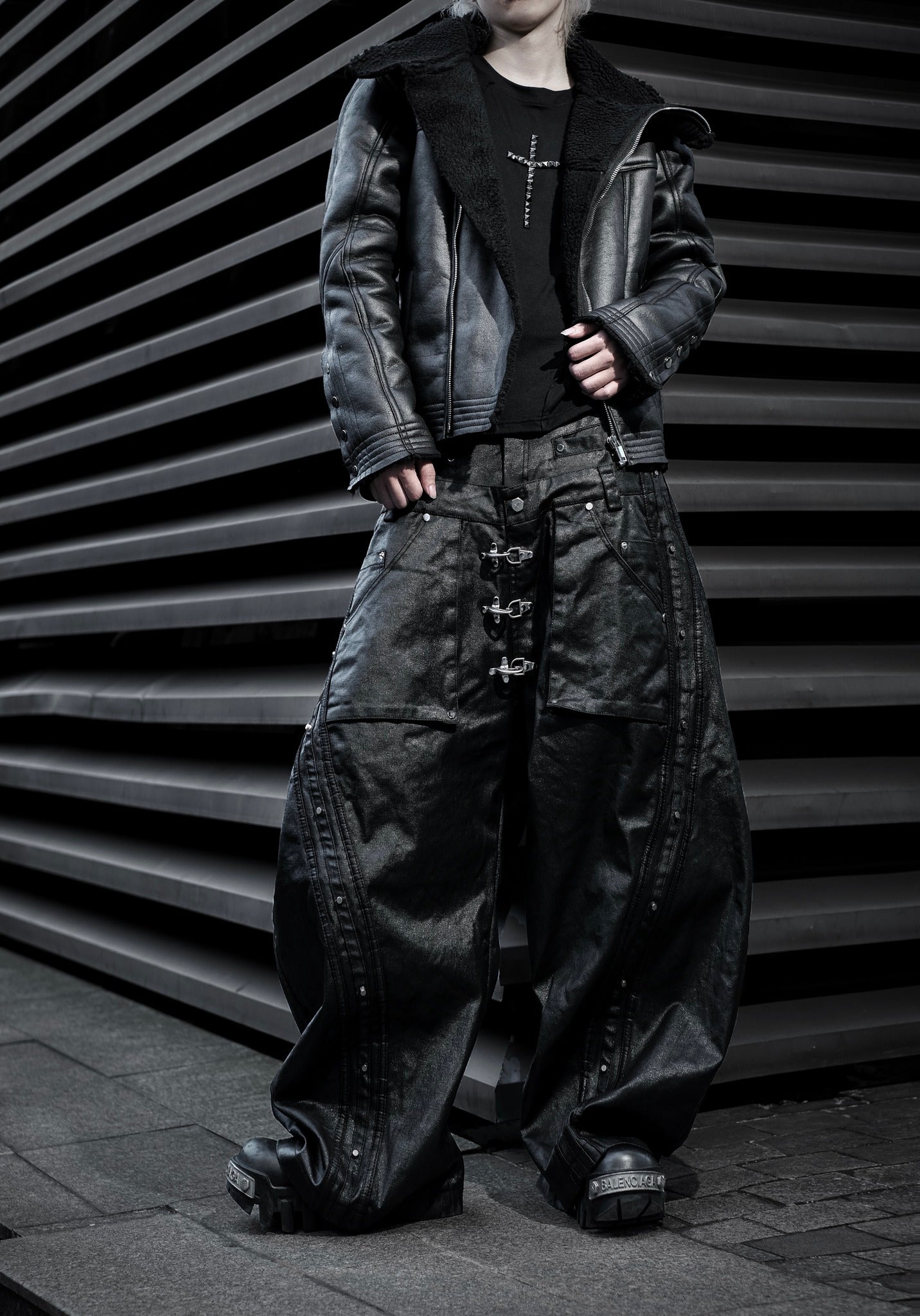 Shearling Leather Jacket, Mock Double Waist Wide Leg Pants