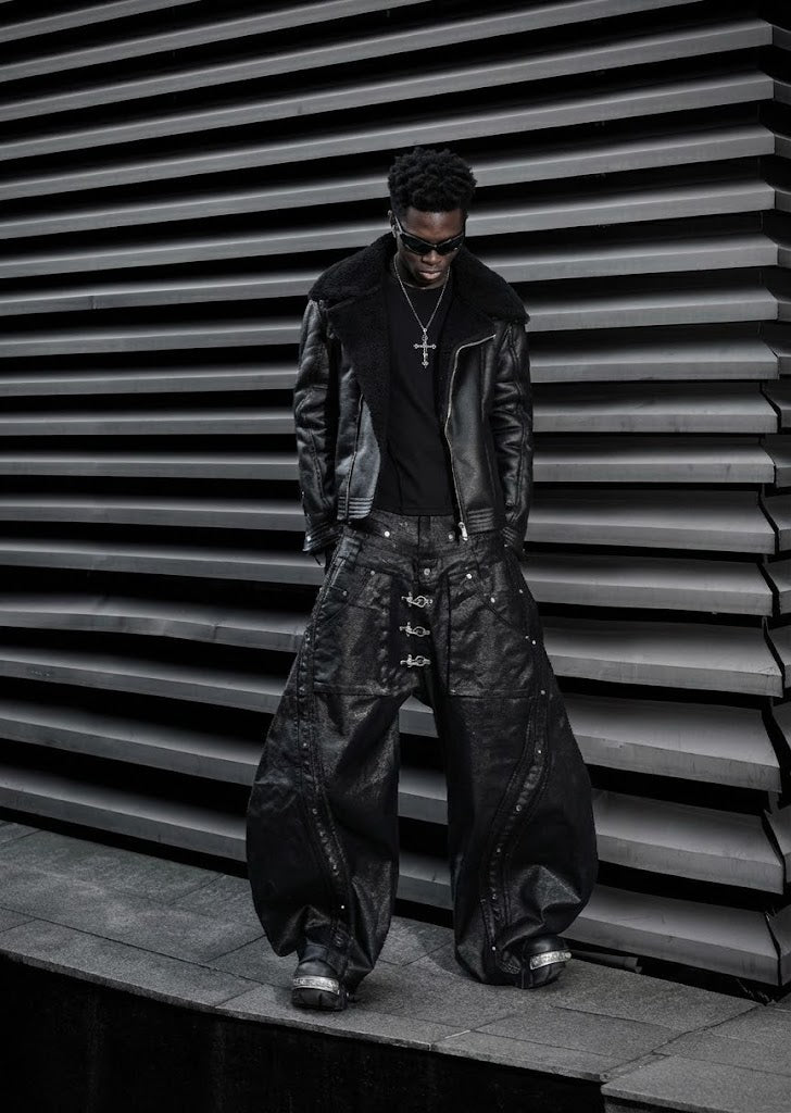 Shearling Leather Jacket, Mock Double Waist Wide Leg Pants