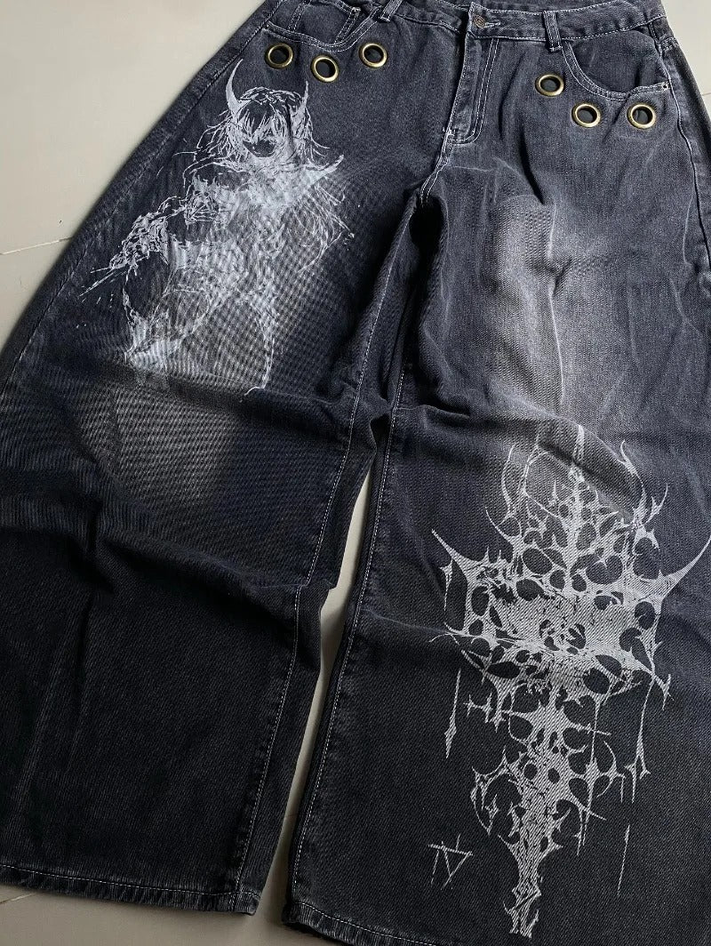 American New Fashion Oversized Pattern Printed Washed Jeans Men Gothic Rock Popular Casual Joker High Waist Wide Leg Pants