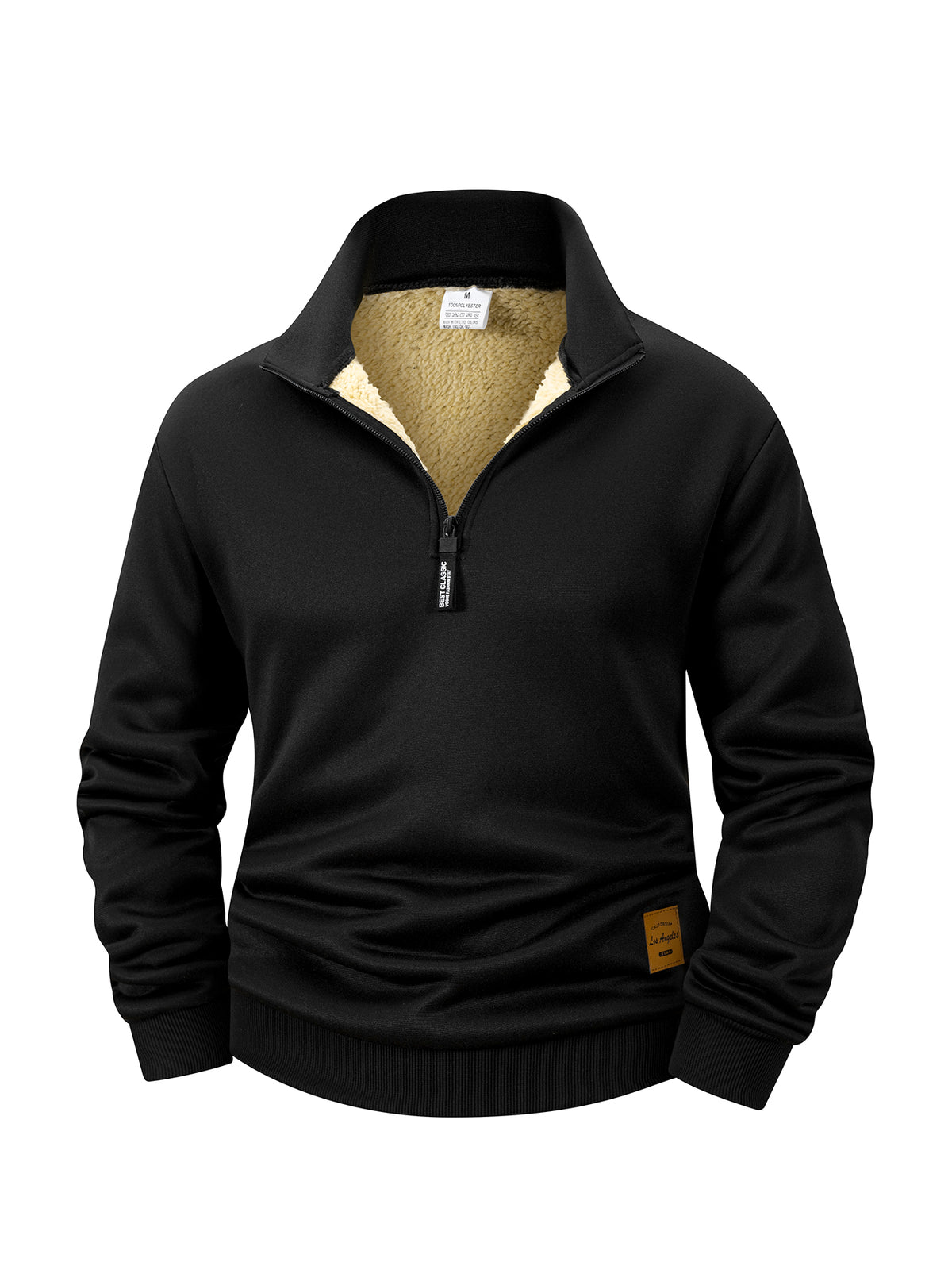 Black quarter-zip fleece sweatshirt with sherpa-lined stand collar, front view