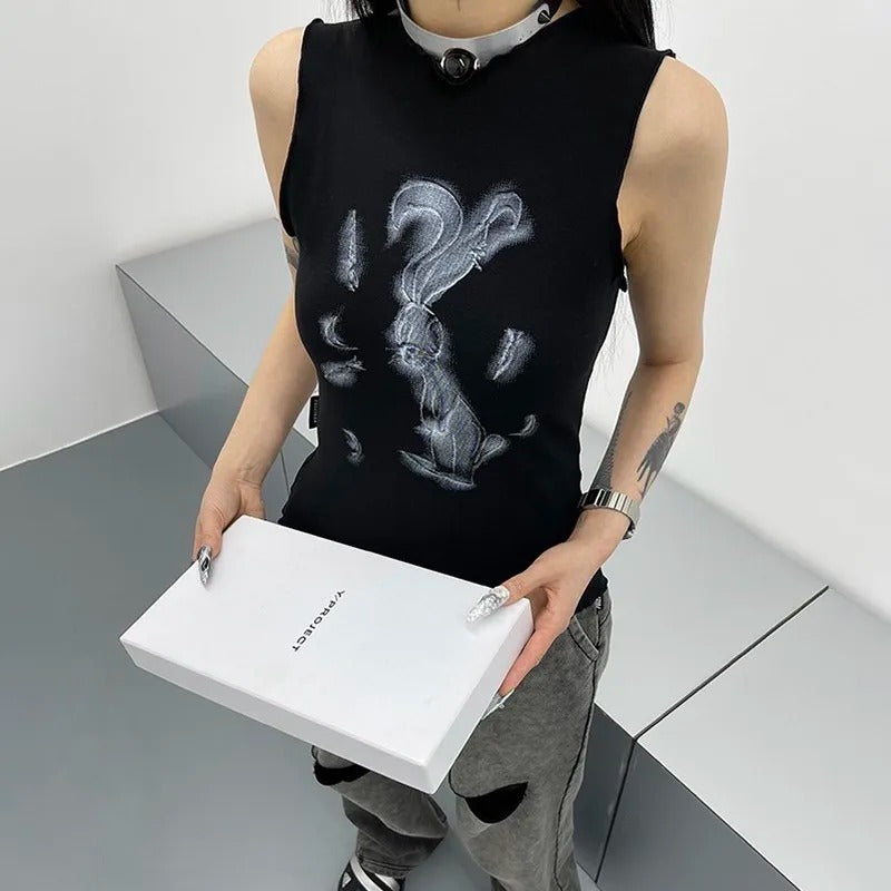 Karrcat Trashy Tank Top Japanese 2000s Black Short Tops Vintage Harajuku Sleeveless Crop Top Cyber Punk Clothes Goth Summer