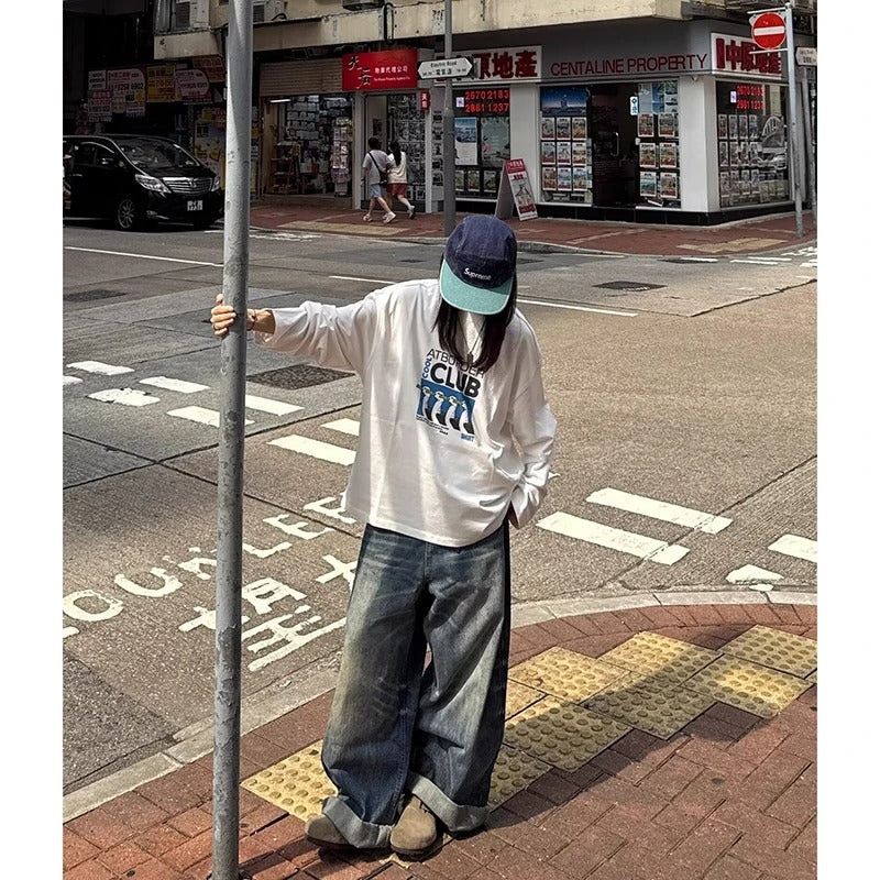 Women's Blue Oversize Jeans Harajuku Vintage Wide Leg Denim Trousers American Retro 2000s Style Boyfriend Jeans Pants Autumn