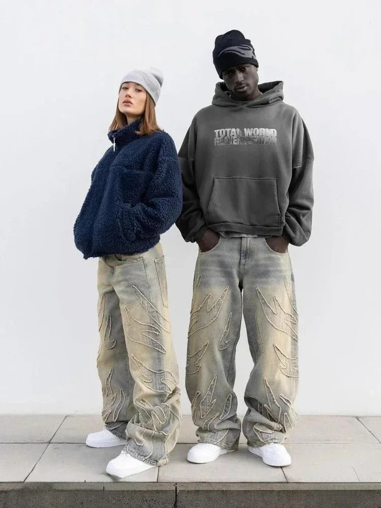 2026 American New Fashion Patch Baggy Casual Jeans For Men And Women High Street Harajuku High Waist Wide Leg Denim Trousers