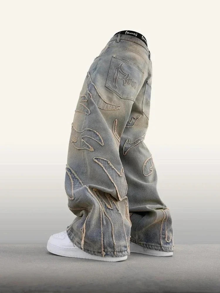 2026 American New Fashion Patch Baggy Casual Jeans For Men And Women High Street Harajuku High Waist Wide Leg Denim Trousers