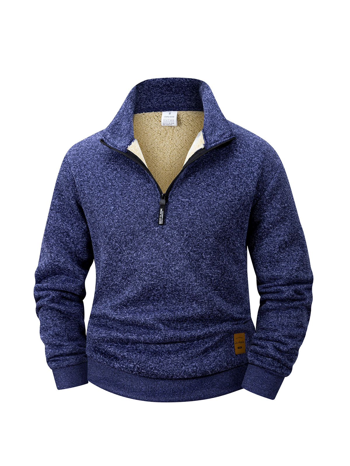 Heather navy quarter-zip fleece sweatshirt with sherpa-lined stand collar, front view