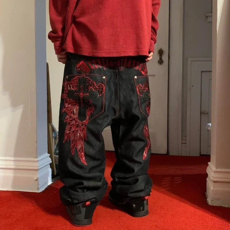 High Street Gothic Embroidered Men Black Red Pattern High Waist Jeans American Retro Street Couple Casual Pants