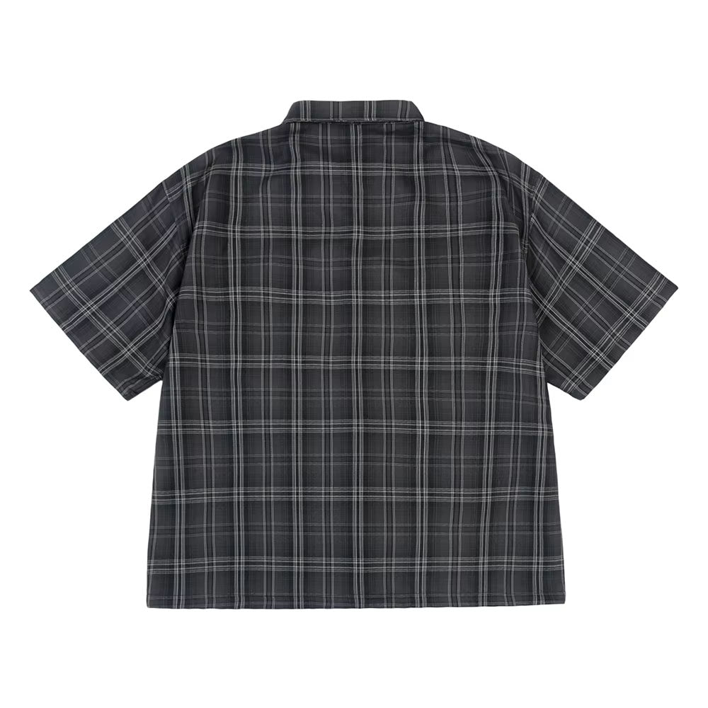 Chicano Safari Short Sleeve Shirt Mens Summer Streetwear Casual Loose Letter Embroidery Lapel Plaid Shirt Man