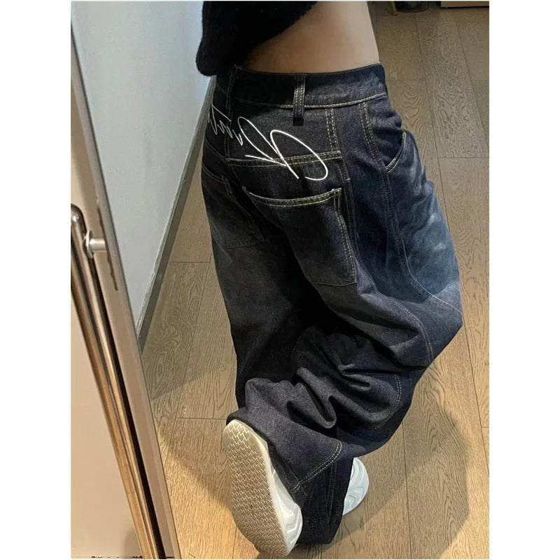 Black Womens Jeans High Waist Vintage Design Hip Hop Straight Baggy Denim Pants Street American Style Wide Leg Denim Trouser