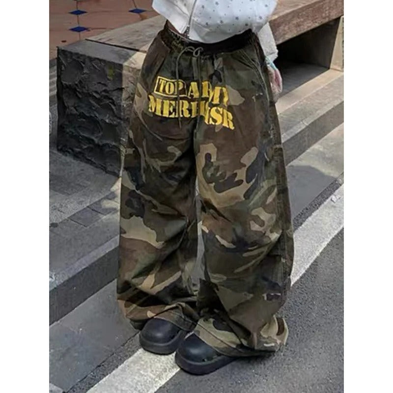 Men's Army Green Baggy Camouflage Pants Oversize Cargo Pants Harajuku Aesthetic 2000s Style Vintage Wide Leg Trousers Autumn