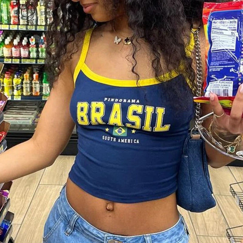 Gothic Vintage Aesthetic Brasil Print Camisole Tops Casual Slim Sexy Girl Fashion Women's Streetwear Harajuku Crop Top Camis