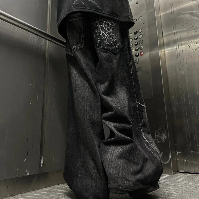 Gothic Retro Oversized Baggy Fit Unisex Mopping Pants Phantom Jeans High Street Spider Embroidered Patch Hip Hop Streetwear