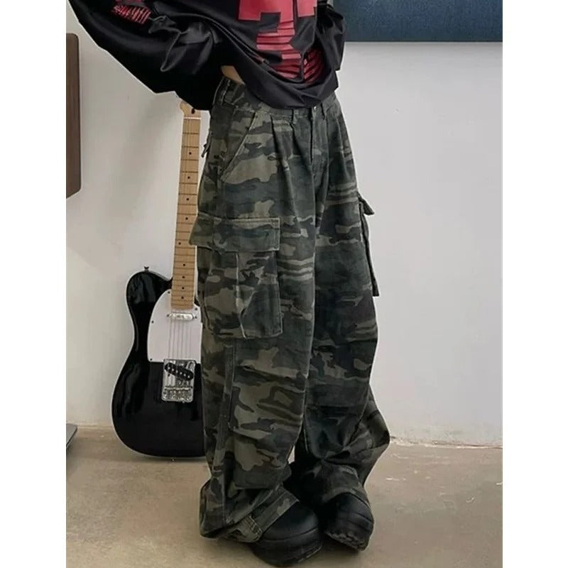 Military Green Womens Jeans High Waist Vintage Straight Baggy Denim Pants Hip Hop American Fashion Wide Leg Denim Trouser