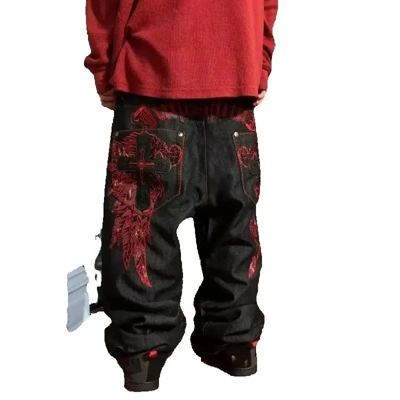 High Street Gothic Embroidered Men Black Red Pattern High Waist Jeans American Retro Street Couple Casual Pants
