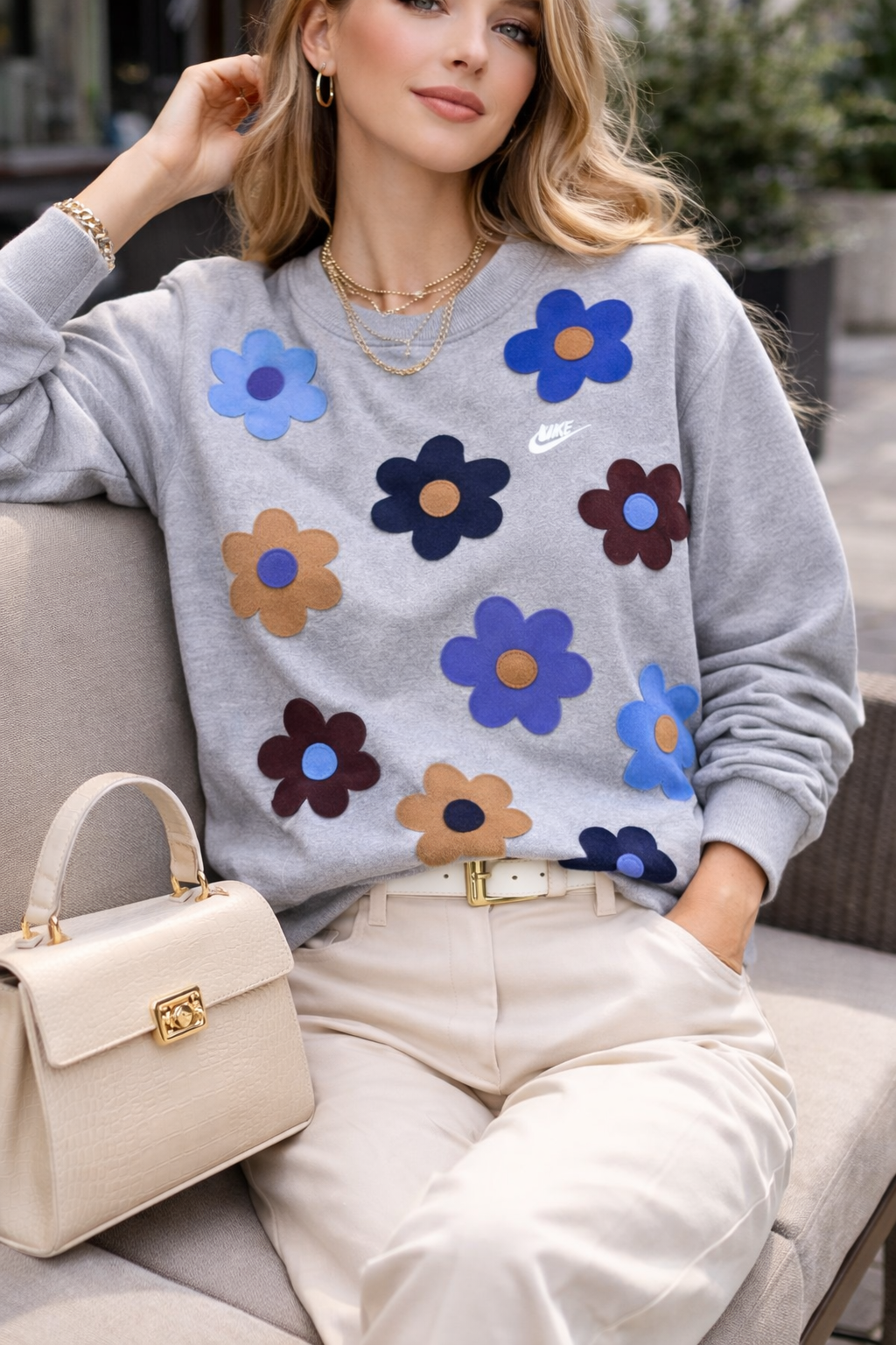 Flower Patch Sweatshirt, Upcycled Hoodie Sweatshirt, Street Style Top, Handmade Sweatshirt