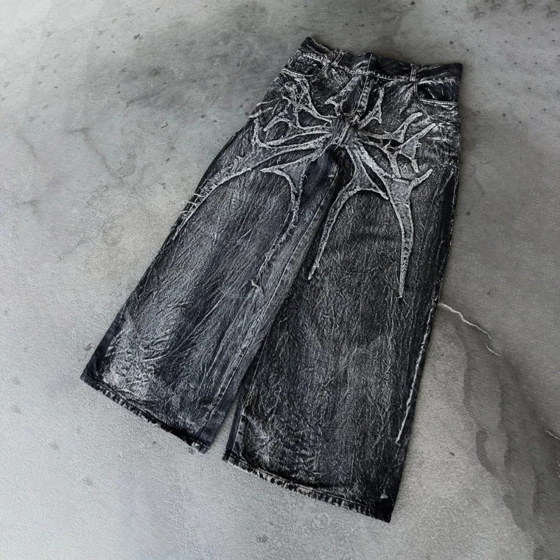 Gothic Retro Oversized Baggy Fit Unisex Mopping Pants Phantom Jeans High Street Spider Embroidered Patch Hip Hop Streetwear
